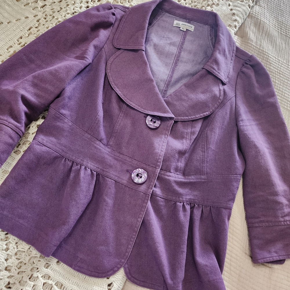 Ambition Womens Button Fitted‎ Twill Blazer Purple Jacket, Petite Large Polished
